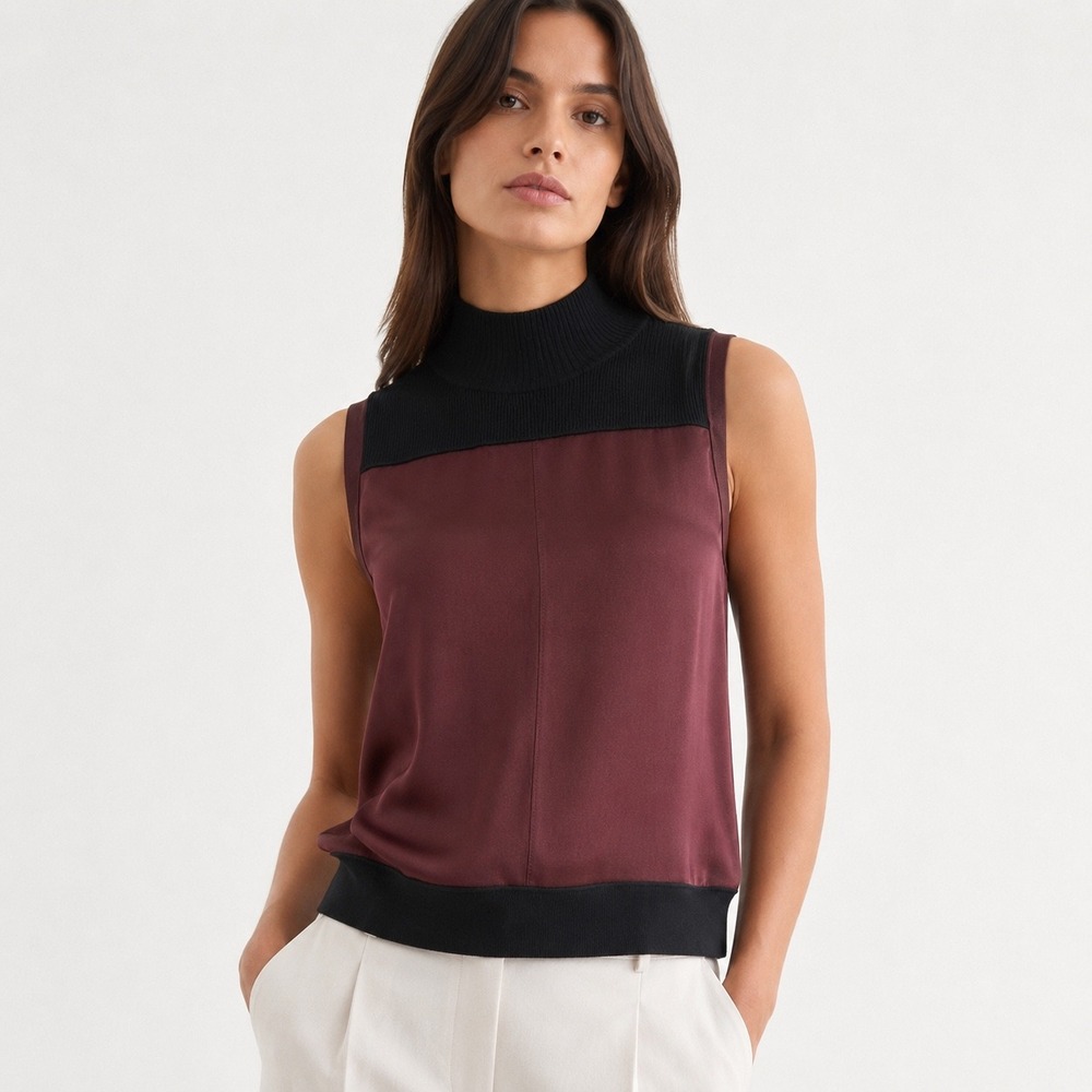 Rag & Bone Mock Neck Top Women Small Burgundy Black Mixed Media Quiet Luxury